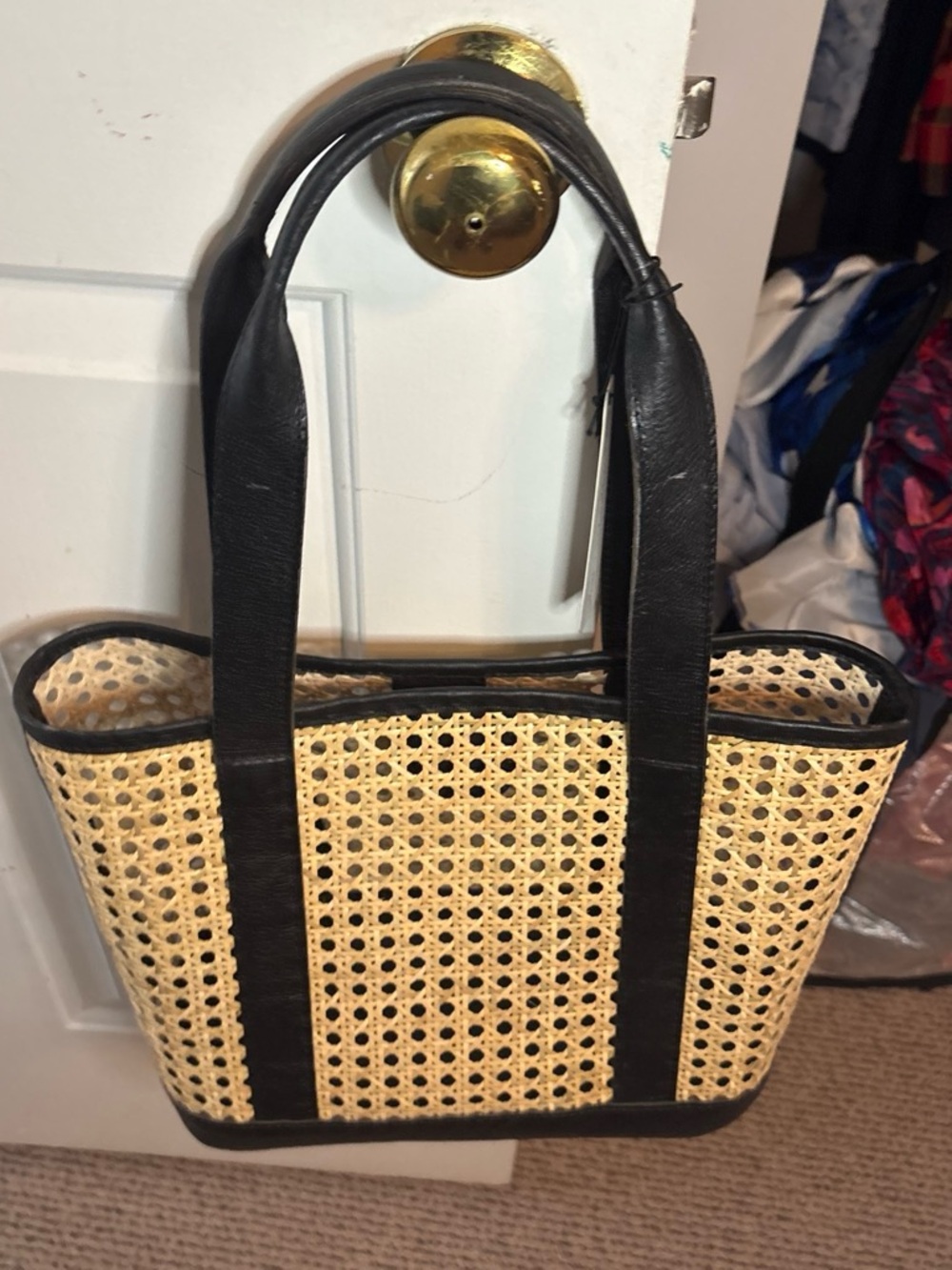 A245 - Lovestrength Natural Rattan Wicker Tote Black Leather Bag